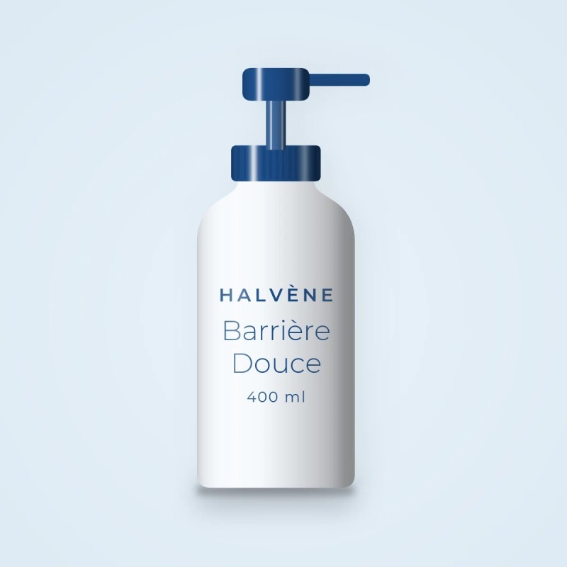 Nettoyant visage exfoliant doux Barrière Douce – Halvène, flacon-pompe 400 ml