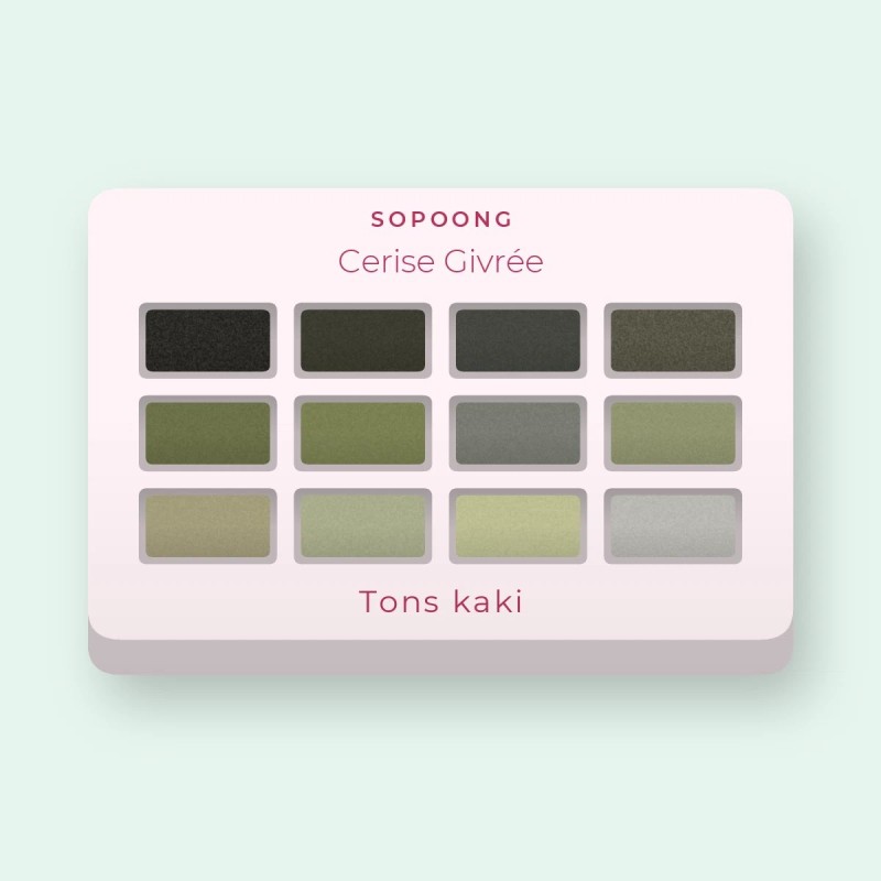 Palette yeux minimaliste Cerise Givrée – Sopoong, 12 × 1 g, teinte Tons kaki