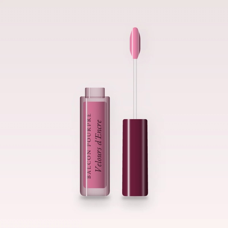 Gloss Velours d'Encre à l'huile de coco – Balcon Pourpre, flacon applicateur 8 ml, teinte 04 Rose bonbon