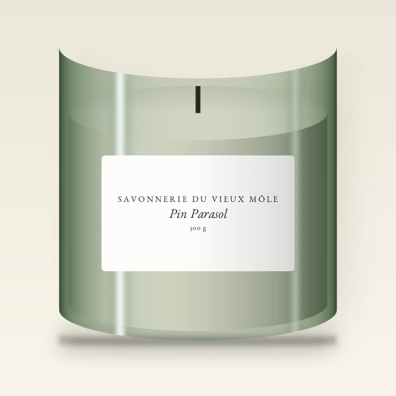 Bougie parfumée Pin Parasol au gingembre – Savonnerie du Vieux Môle, pot en verre 300 g