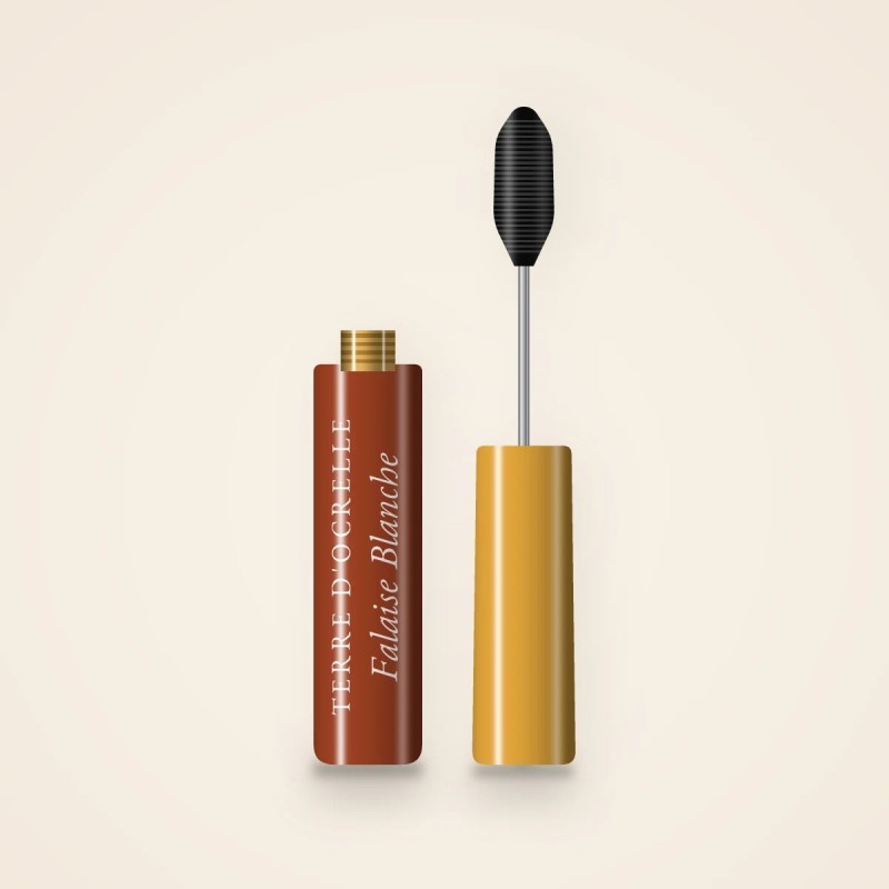 Mascara Falaise Blanche longueur extrême – Terre d'Ocrelle, flacon et brosse 10 ml, teinte Noir intense