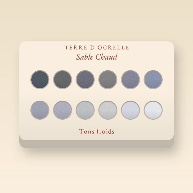 Palette yeux Sable Chaud sans effet poudreux – Terre d'Ocrelle, 9 × 1 g, teinte Tons froids