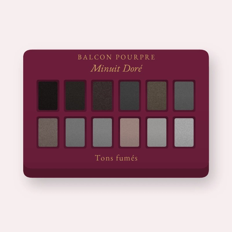 Palette yeux Minuit Doré effet naturel – Balcon Pourpre, 12 × 1 g, teinte Tons fumés
