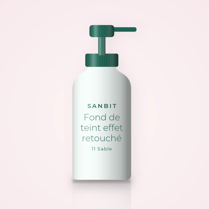 Fond de teint effet retouché à la réglisse – Sanbit, flacon-pompe 30 ml, teinte 11 Sable
