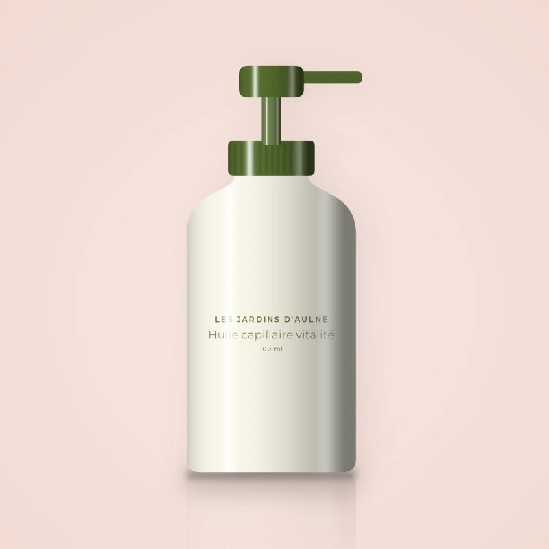Huile capillaire vitalité à la pistache – Les Jardins d'Aulne, flacon-pompe 100 ml