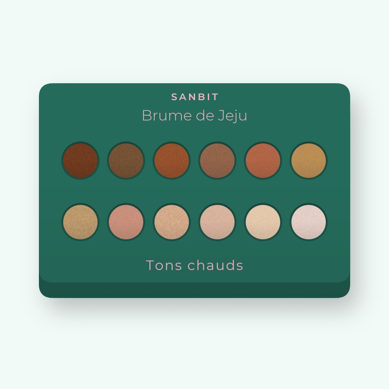 Palette yeux saisonnière Brume de Jeju – Sanbit, 12 × 1 g, teinte Tons chauds
