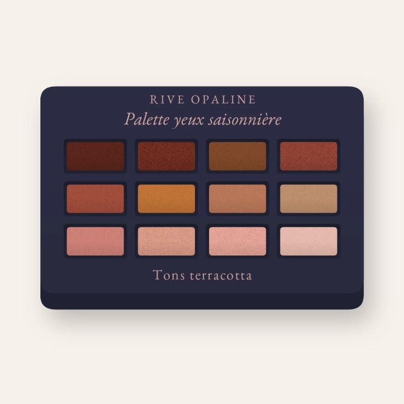 Palette yeux saisonnière à l'huile de macadamia – Rive Opaline, 12 × 1 g, teinte Tons terracotta