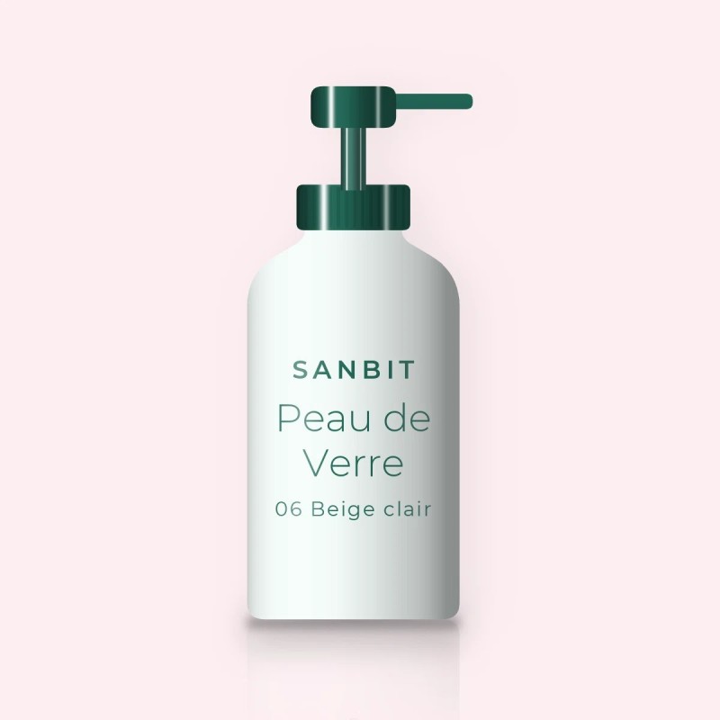 Fond de teint couvrance modulable Peau de Verre – Sanbit, flacon-pompe 35 ml, teinte 06 Beige clair