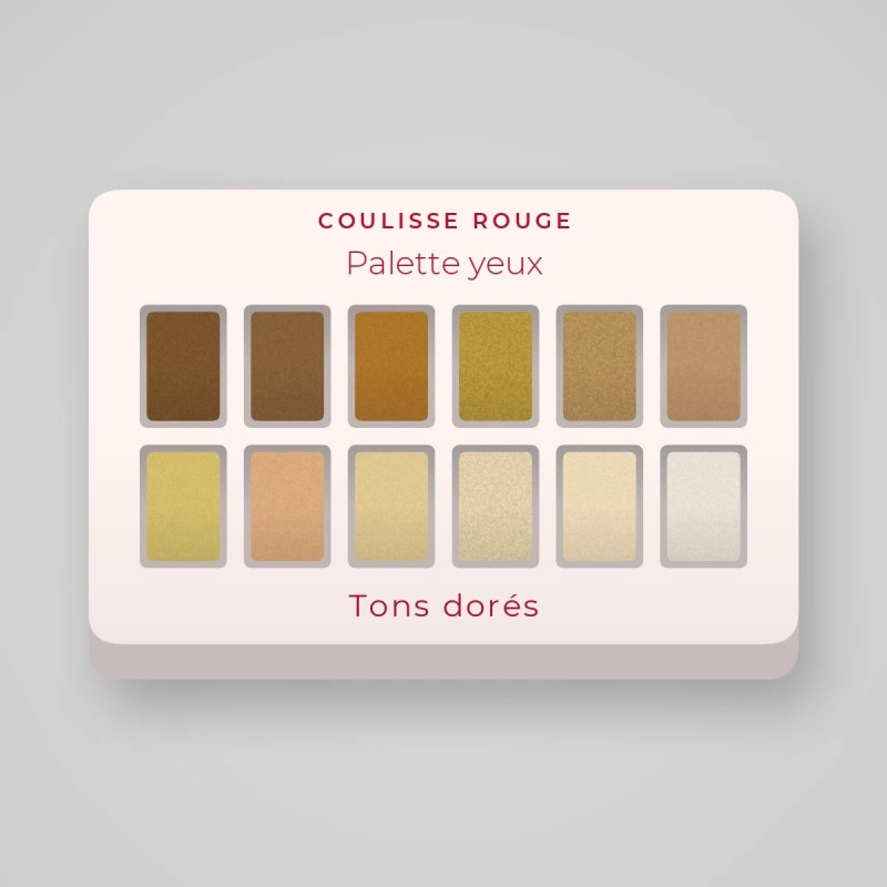 Palette yeux sans effet poudreux à l'huile de raisin – Coulisse Rouge, 12 × 1 g, teinte Tons dorés